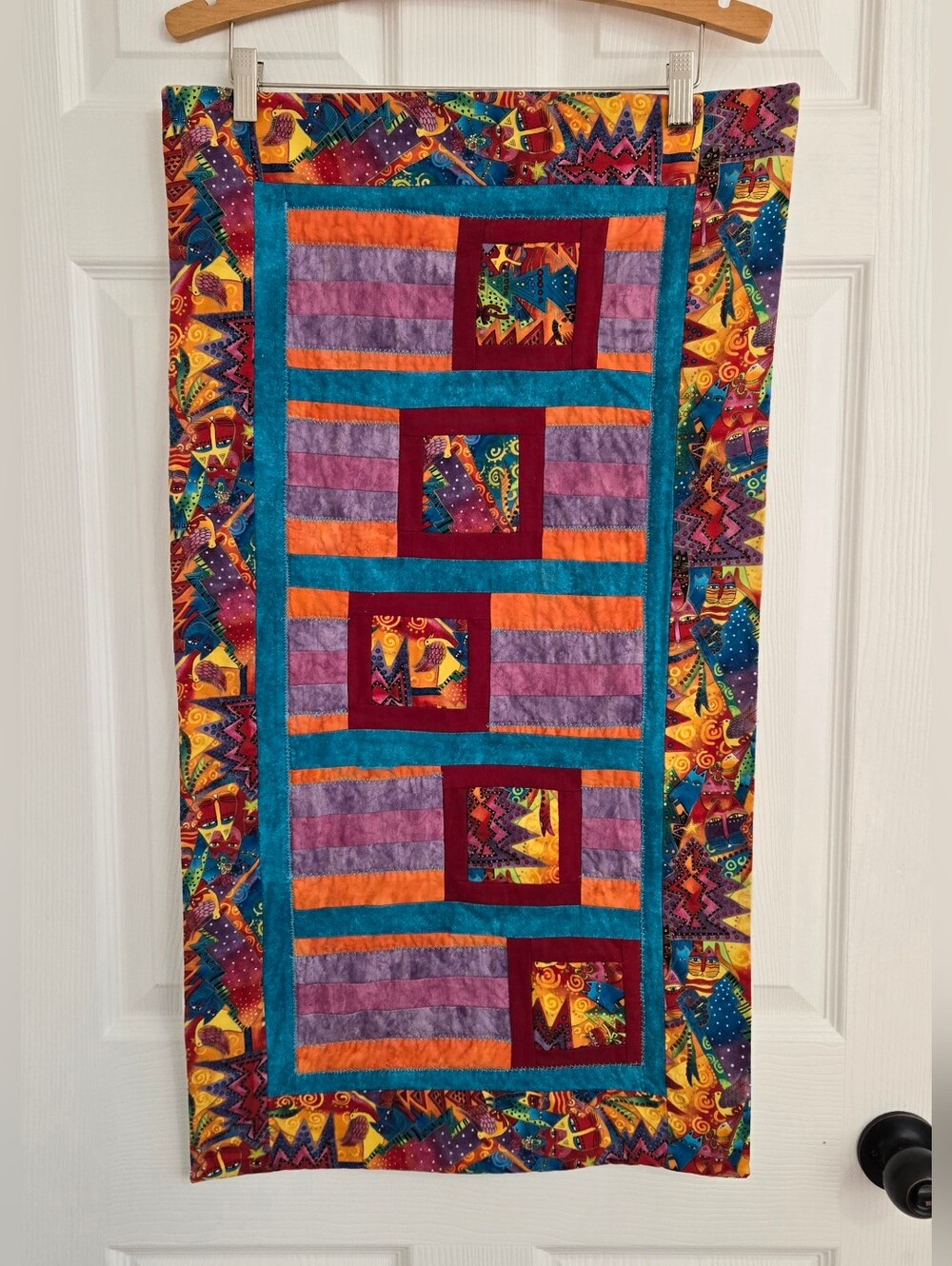 Handmade Quilted Wall Hanging Table Runner Colorful Cat Folk Art Fabric 32.5"